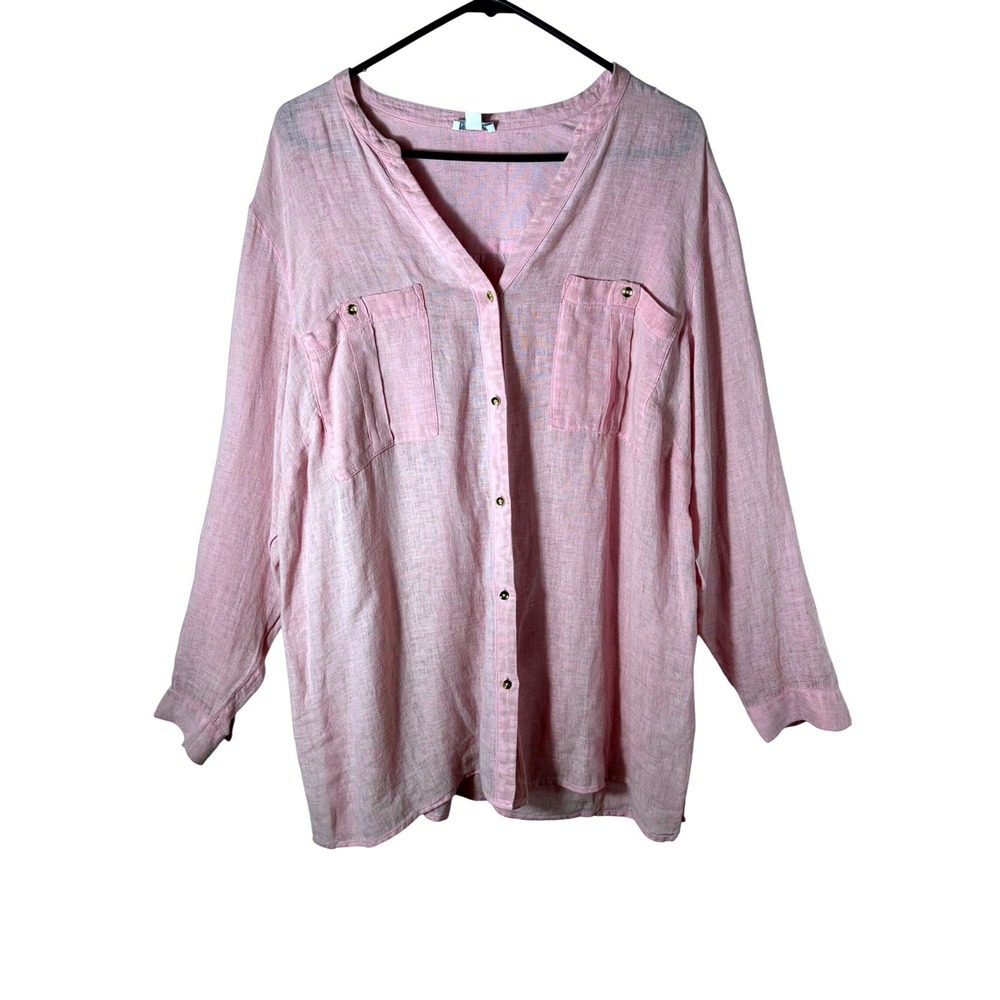 J. Jill Love Linen Pink Button Down Shirt Long Sleeve Roll Tab XL Lagenlook boho